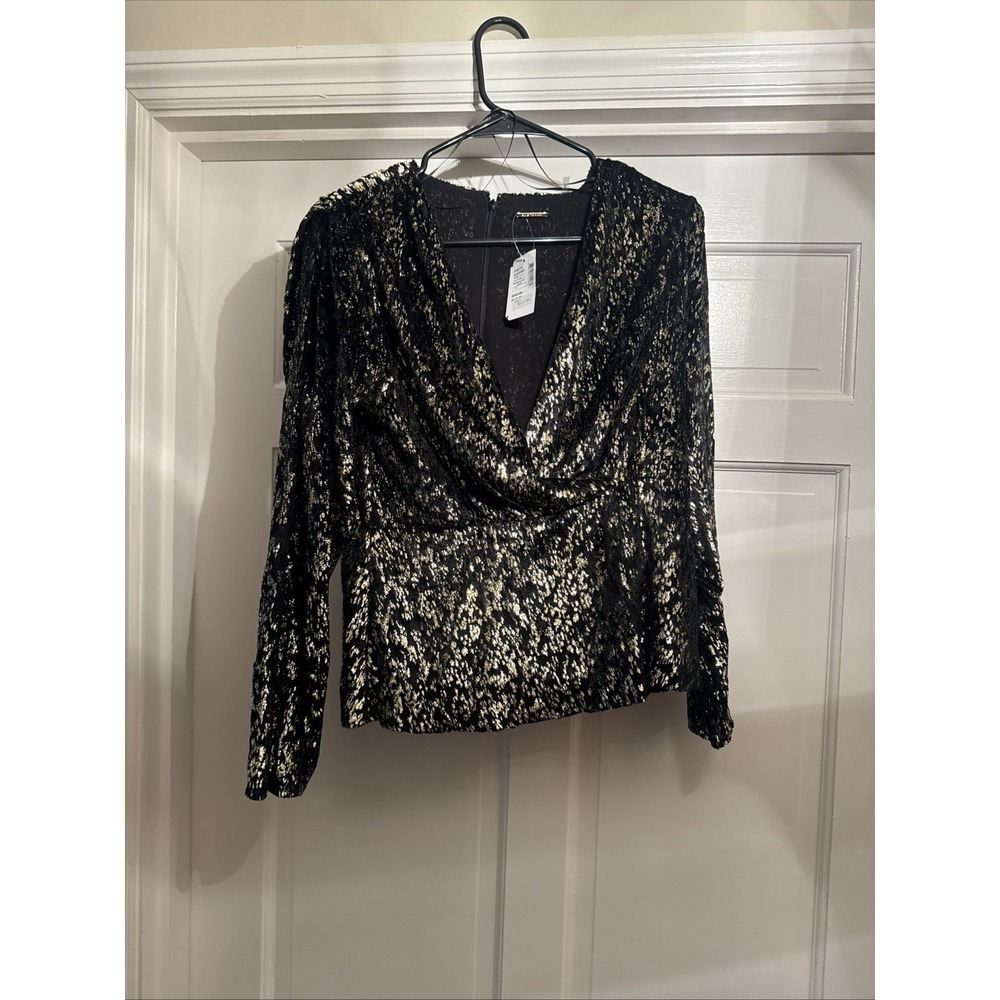 Elie Tahari Peplum Top In Noir/Gold / Gold Size 6 NWT